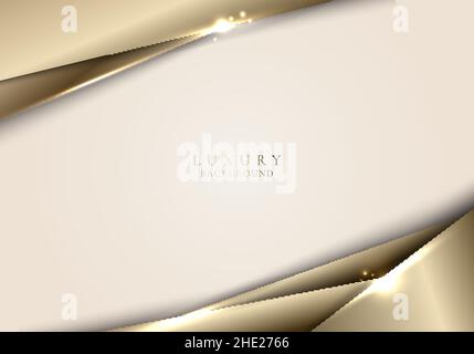 3D abstract beige and shiny gold color stripes with sparkle lighting luxury background template. Vector illustration Stock Vector