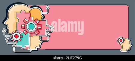Multiple Heads With Cogs Showing Technology Ideas. Gears In Brain Symbols Design Displaying Mechanical And Technical Idea. Stock Vector