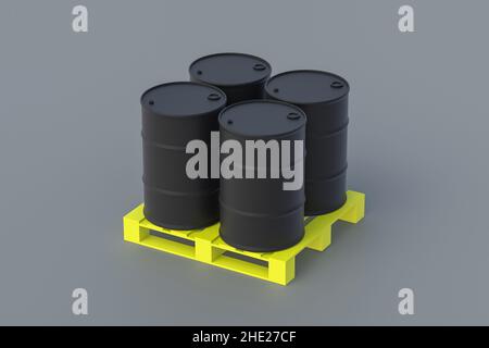 Barrels stacked on pallet on gray background. Concept of carriage. Crude oil transportation. Trade in liquid flammable substances. Wholesale purchases Stock Photo