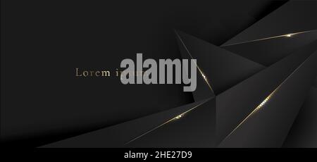 Elegant 3D black low polygonal pattern with shiny golden lines and glowing lighting effect on dark background texture. Luxury style. Vector graphic il Stock Vector