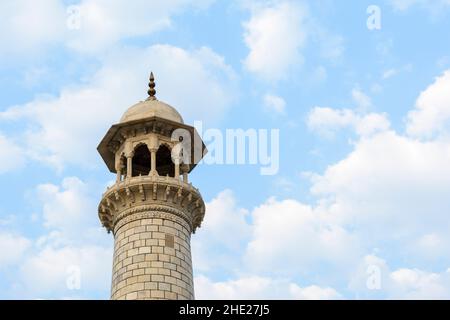 Close up view of one of the four minarets of the Taj Mahal, Agra, Uttar Pradesh, India, South Asia Stock Photo