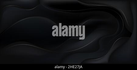 Modern luxury abstract 3D elegant black gradient wave shape layered background and texture with golden wavy lines decoration. Vector illustration Stock Vector