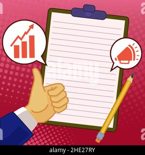 Hands Thumbs Up Showing New Ideas. Palms Carrying Note Presenting Latest Plans. Arms Hold Poster Displaying Recent Advertisement. Stock Vector