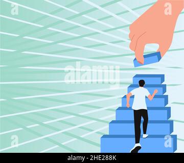 Gentleman Climbing Up Stair Case Trying To Reach Goals Hand Helping Representing Teamwork. Man Running Upwards Big Stairs Defining Progress And Stock Vector