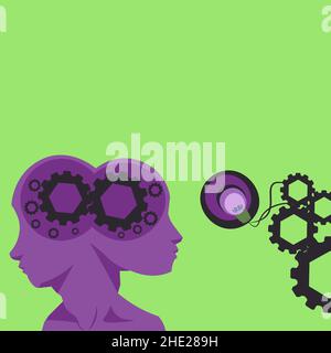 Two Heads With Cogs Showing Technology Ideas. Gears In Brain Symbols Design Displaying Mechanical And Technical Idea. Stock Vector