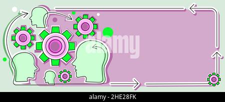 Multiple Heads With Cogs Showing Technology Ideas. Gears In Brain Symbols Design Displaying Mechanical And Technical Idea. Stock Vector