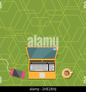 Laptop Resting On A Table Beside Coffee Mug And Plant Showing Work Process. Minicomputer Sitted Top Of Desk Next To Cup Along With Flower Displaying Stock Vector