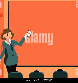 Woman Holding Remote Control Presenting Latest Ideas On Backdrop Screen. Lady Standing In Front Board Giving Presentation Displaying Future Project Stock Vector