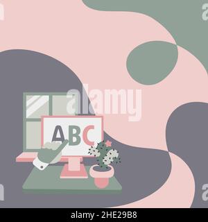 Hand Showing Letters Pointing Web Browser Screen With Cactus On Side. Notebook Computer Design Displaying Letters Education With Plants Finger Stock Vector