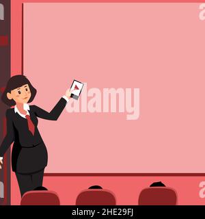 Woman Holding Remote Control Presenting Latest Ideas On Backdrop Screen. Lady Standing In Front Board Giving Presentation Displaying Future Project Stock Vector