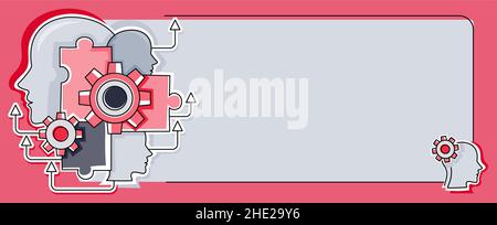 Multiple Heads With Cogs Showing Technology Ideas. Gears In Brain Symbols Design Displaying Mechanical And Technical Idea. Stock Vector
