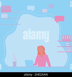 Woman Sitting On Desk Working And Presenting New Technologies. Professor At Office Teaching Students New Thoughts. Teacher Situated On Office Having Stock Vector