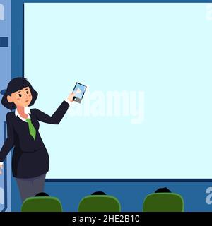 Woman Holding Remote Control Presenting Latest Ideas On Backdrop Screen. Lady Standing In Front Board Giving Presentation Displaying Future Project Stock Vector