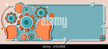 Multiple Heads With Cogs Showing Technology Ideas. Gears In Brain Symbols Design Displaying Mechanical And Technical Idea. Stock Vector