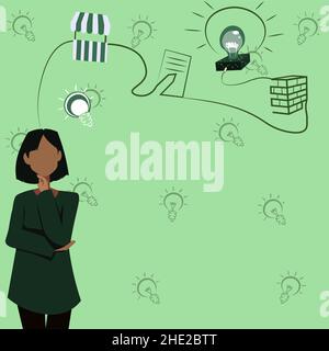 Woman Innovative Thinking Leading Ideas Towards Stable Future Financial Security. Lady Having Thought Process Planning Latest Strategies For Secure Stock Vector