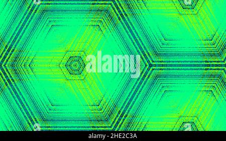 Seamless abstract geometric textured pattern in green colors. Symmetric hexagon concentric ornament for digital paper, textile printing, wallpaper background design. Vector illustration. Stock Vector