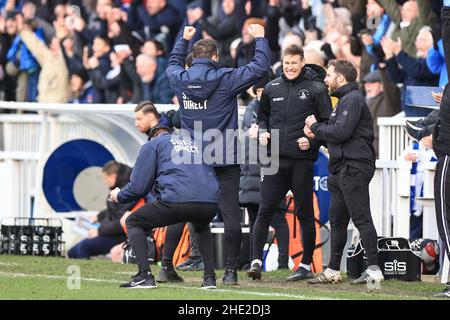 Graeme Lee manager of Hartlepool United celebrates his sides 2-1 win over Blackpool Stock Photo