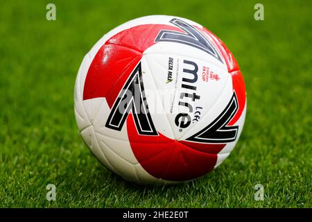 8th January 2022: King Power Stadium, Leicester, Leicestershire, England; FA Cup 3rd round football, Leicester City versus Watford; The official FA Cup Mitre Delta Max match ball Stock Photo