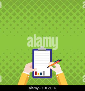 Business Associate Holding Clipboard Documenting Financial Reports With Pen. Hands Drawing Graphs Using Paper With Pencil Showing Visual Drawing Of Stock Vector