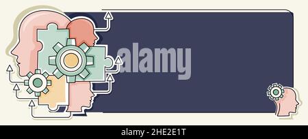 Multiple Heads With Cogs Showing Technology Ideas. Gears In Brain Symbols Design Displaying Mechanical And Technical Idea. Stock Vector