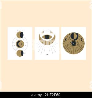 Abstract Boho Poster Set collection of mythology and mystical illustrations in hand drawn style.Scandinavian abstract wall art poster. Stock Vector