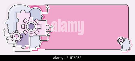 Multiple Heads With Cogs Showing Technology Ideas. Gears In Brain Symbols Design Displaying Mechanical And Technical Idea. Stock Vector