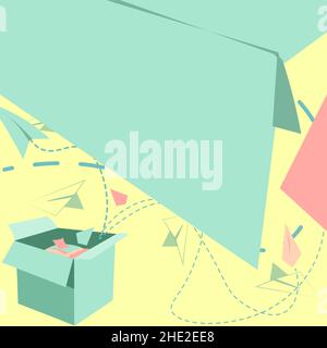 Open Box With Flying Paper Planes Presenting New Free Ideas. Exposed Crate Floating Origami Kites Towards The Sky Stock Vector