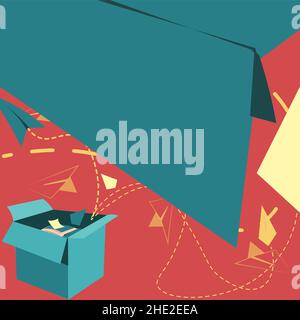 Open Box With Flying Paper Planes Presenting New Free Ideas. Exposed Crate Floating Origami Kites Towards The Sky Stock Vector
