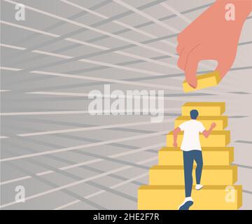 Gentleman Climbing Up Stair Case Trying To Reach Goals Hand Helping Representing Teamwork. Man Running Upwards Big Stairs Defining Progress And Stock Vector