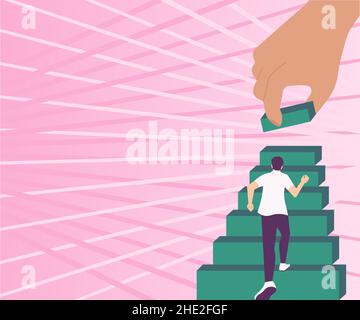 Gentleman Climbing Up Stair Case Trying To Reach Goals Hand Helping Representing Teamwork. Man Running Upwards Big Stairs Defining Progress And Stock Vector