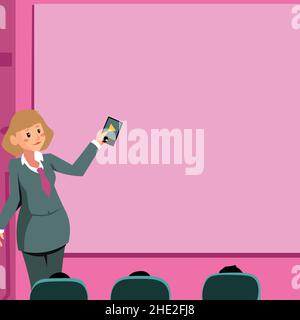 Woman Holding Remote Control Presenting Latest Ideas On Backdrop Screen. Lady Standing In Front Board Giving Presentation Displaying Future Project Stock Vector