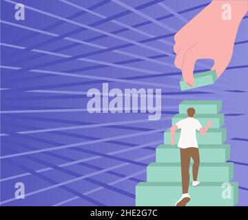 Gentleman Climbing Up Stair Case Trying To Reach Goals Hand Helping Representing Teamwork. Man Running Upwards Big Stairs Defining Progress And Stock Vector