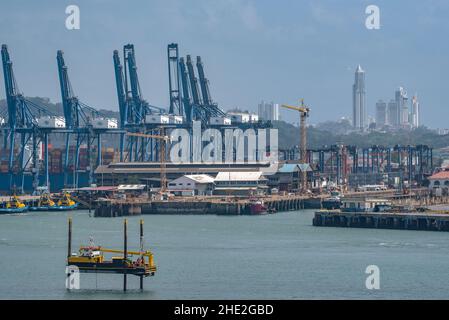 Entrance to the Panama Canal and container loading area in the port of Balboa Stock Photo