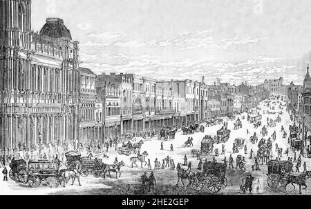 A late 19th Century illustration of Bourke Street, one of the main streets in the Melbourne central business district and a core feature of the Hoddle Grid, the contemporary name given to the grid of streets that form the Melbourne central business district, Australia. It was traditionally the entertainment hub and location of many of the city's theatres and cinemas. Bourke Street is named after  Irish-born British Army officer Sir Richard Bourke, who served as the Governor of New South Wales from 1831 and 1837 during the drafting of the Hoddle Grid. Stock Photo