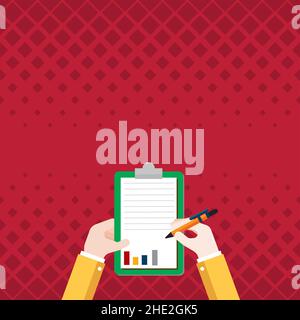Business Associate Holding Clipboard Documenting Financial Reports With Pen. Hands Drawing Graphs Using Paper With Pencil Showing Visual Drawing Of Stock Vector