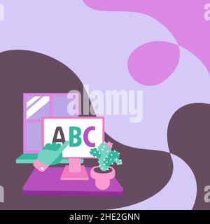 Hand Showing Letters Pointing Web Browser Screen With Cactus On Side. Notebook Computer Design Displaying Letters Education With Plants Finger Stock Vector