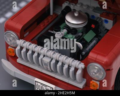 Tambov, Russian Federation - January 03, 2022 A Lego Pickup Truck with its hood open and its engine visible Stock Photo
