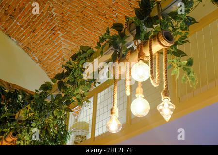 the decorative chandelier hanging on ropes across green plants, brick walls on the ceiling. Interior design. Light design Stock Photo