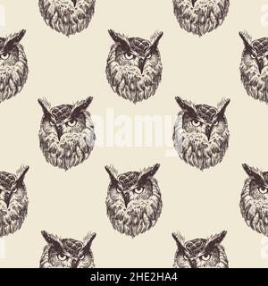 Pattern of hand-drawn owls on a beige background for printing on paper, textiles and decoration. Vector illustration. Stock Vector