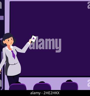 Woman Holding Remote Control Presenting Latest Ideas On Backdrop Screen. Lady Standing In Front Board Giving Presentation Displaying Future Project Stock Vector