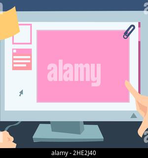Hand Touching Screen Of Desktop Inside Web Browser Showing Recent Technology. Finger Tapping Laptop Screen Presenting Modern Automation. Stock Vector
