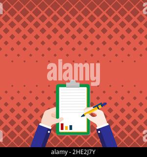 Business Associate Holding Clipboard Documenting Financial Reports With Pen. Hands Drawing Graphs Using Paper With Pencil Showing Visual Drawing Of Stock Vector