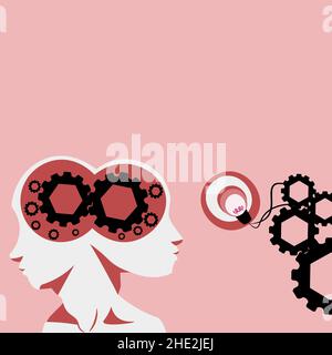 Two Heads With Cogs Showing Technology Ideas. Gears In Brain Symbols Design Displaying Mechanical And Technical Idea. Stock Vector