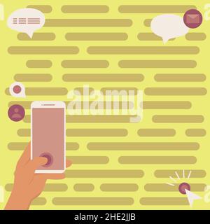 Hands Holding Mobile Phone Pressing Application Button. Palms Hold Technological Device Unlocking Newest Futuristic Achievements. Arms Carrying Remote Stock Vector