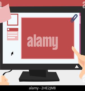 Hand Touching Screen Of Desktop Inside Web Browser Showing Recent Technology. Finger Tapping Laptop Screen Presenting Modern Automation. Stock Vector
