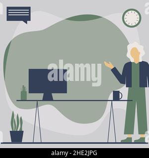 Woman Standing Office Desk Using Laptop With Speech Bubble Beside Plant Vase. Lady Design Uses Portable Computer Placed On Top Of Table Beside A Stock Vector