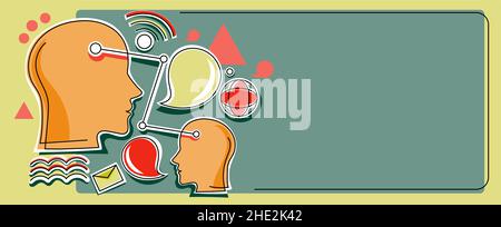 Multiple Heads Connected Showing New Technology Ideas. Gears In Brain Symbols Design Displaying Mechanical And Technical Idea. Stock Vector