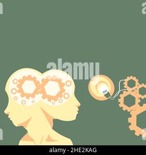 Two Heads With Cogs Showing Technology Ideas. Gears In Brain Symbols Design Displaying Mechanical And Technical Idea. Stock Vector