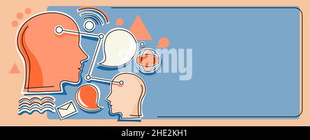 Multiple Heads Connected Showing New Technology Ideas. Gears In Brain Symbols Design Displaying Mechanical And Technical Idea. Stock Vector