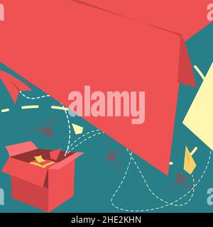 Open Box With Flying Paper Planes Presenting New Free Ideas. Exposed Crate Floating Origami Kites Towards The Sky Stock Vector